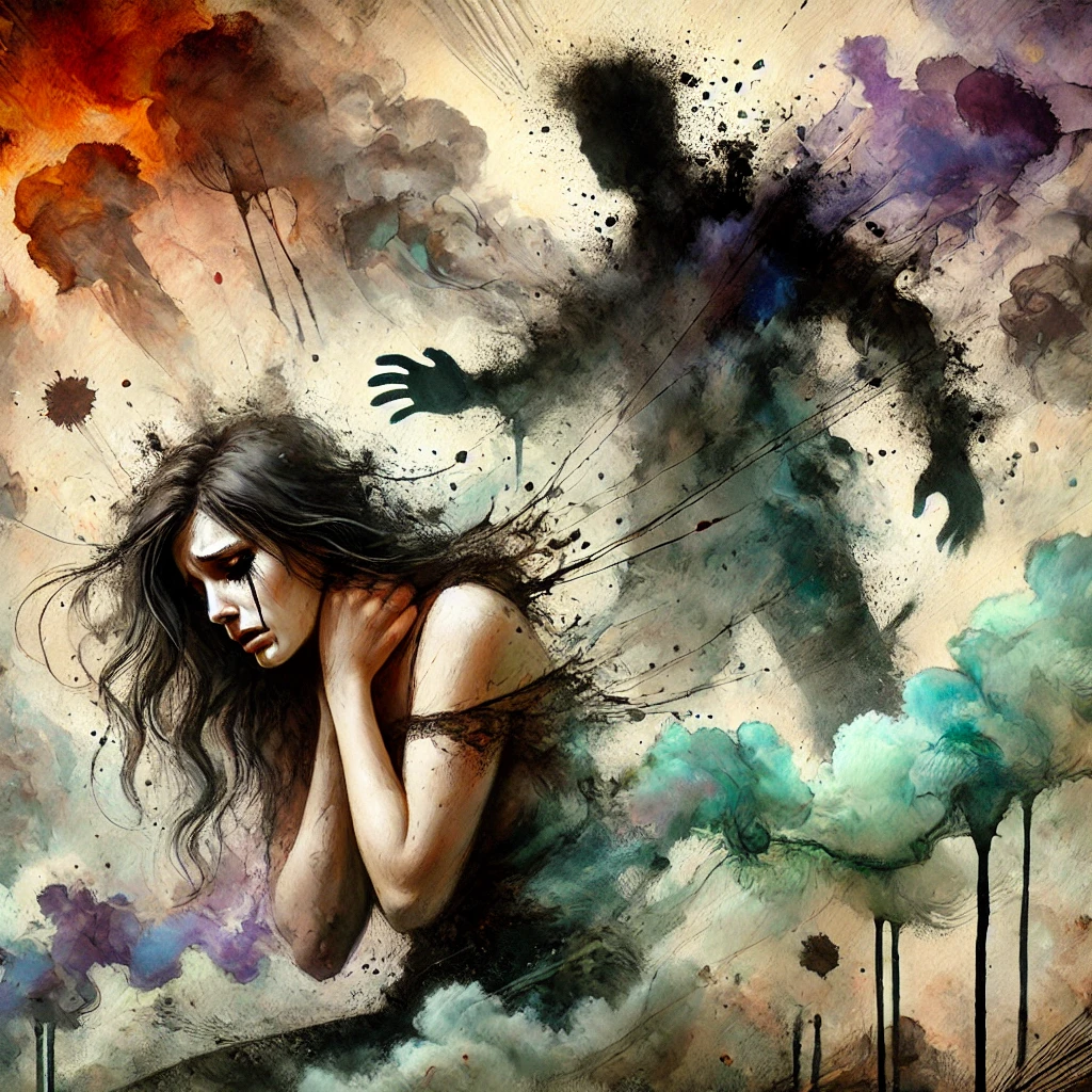 Illustration surréaliste d’une femme en posture défensive, reculant face à des ombres menaçantes qui projettent des objets vers elle, symbolisant l’escalade de la violence dans une relation toxique.