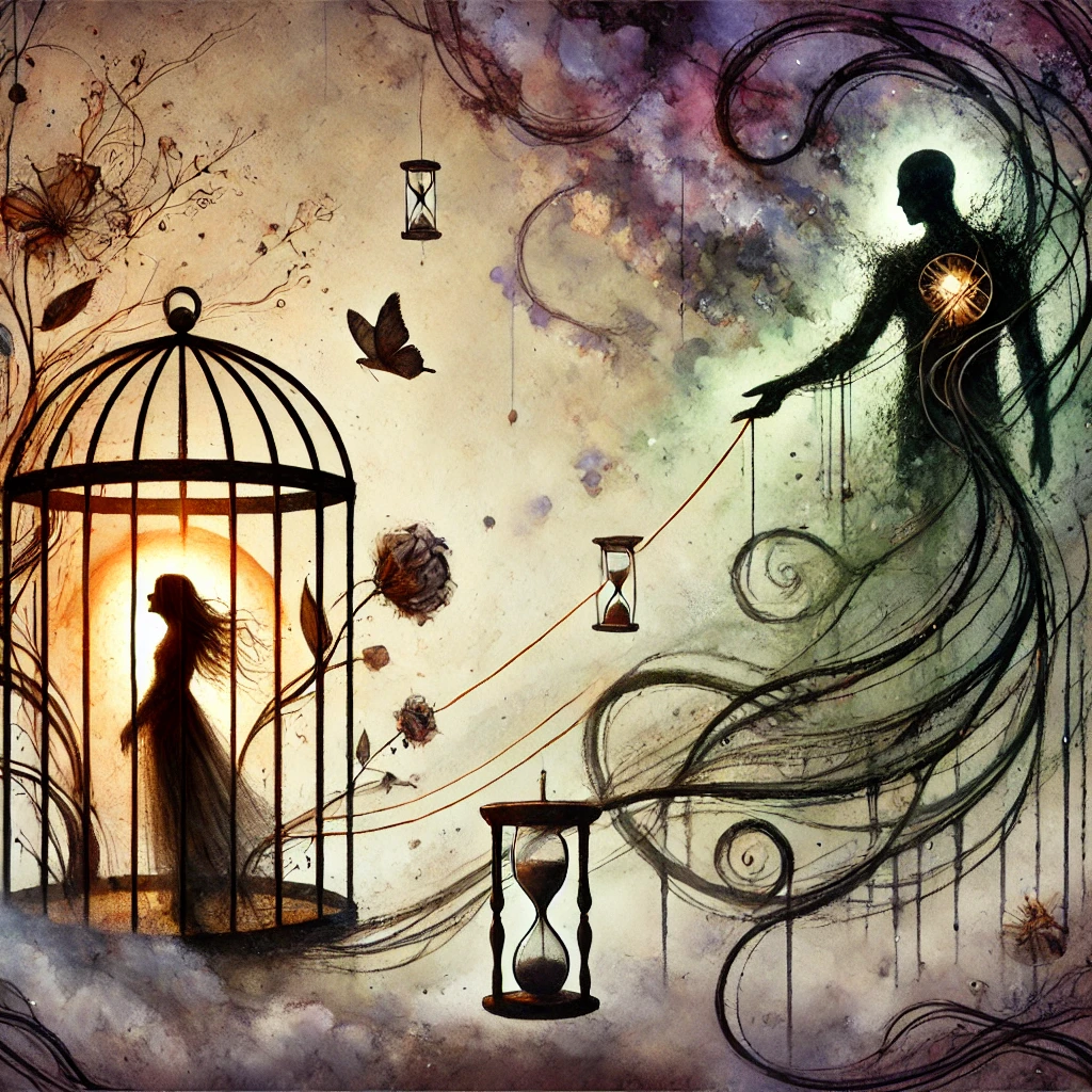 Illustration surréaliste en aquarelle numérique représentant une femme enfermée émotionnellement dans une relation toxique avec un homme manipulateur, piégée dans une structure sombre et oppressante.