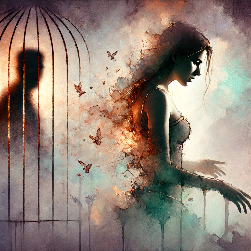 Illustration surréaliste d’une femme piégée dans une prison invisible, représentée par des barrières fantomatiques de lumière et d’ombre, symbolisant l’emprise psychologique et le contrôle insidieux