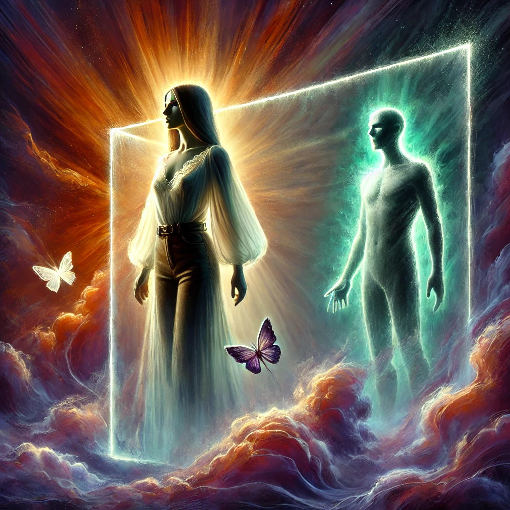 Femme debout dans une barrière lumineuse, symbolisant la fixation de limites claires face à un manipulateur incapable de l’atteindre.