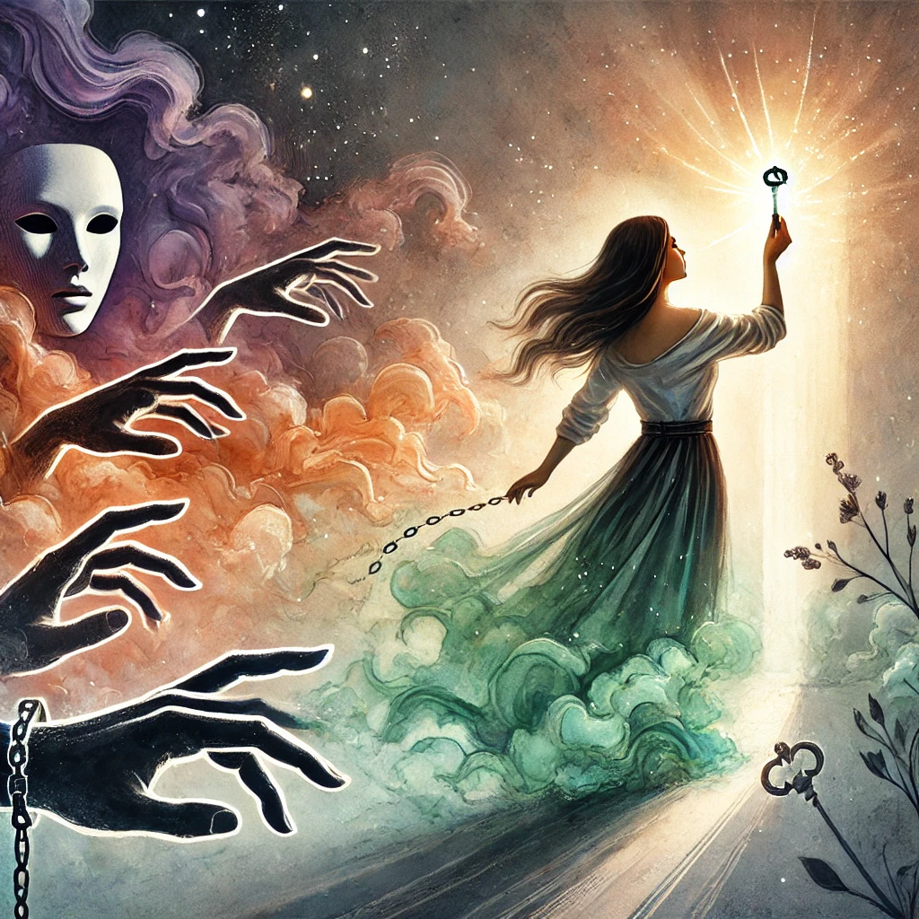 Illustration surréaliste représentant une femme reprenant le contrôle sur ses choix. Des ombres se dissipent derrière elle tandis qu’un chemin lumineux s’ouvre devant elle.