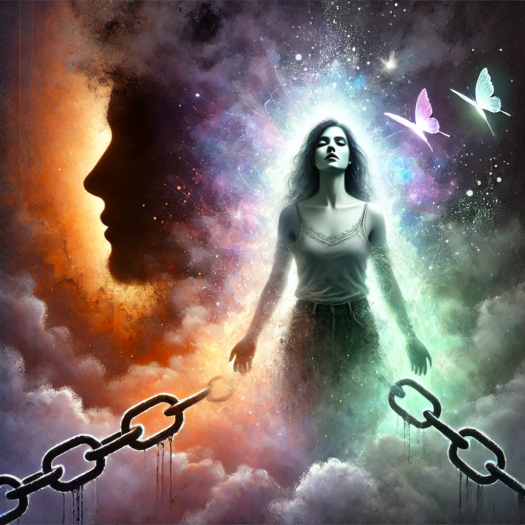 Illustration d’une femme retrouvant sa lumière intérieure après une relation toxique, entourée d’une aura lumineuse avec des chaînes brisées à ses pieds et une silhouette masculine sombre en arrière-plan.