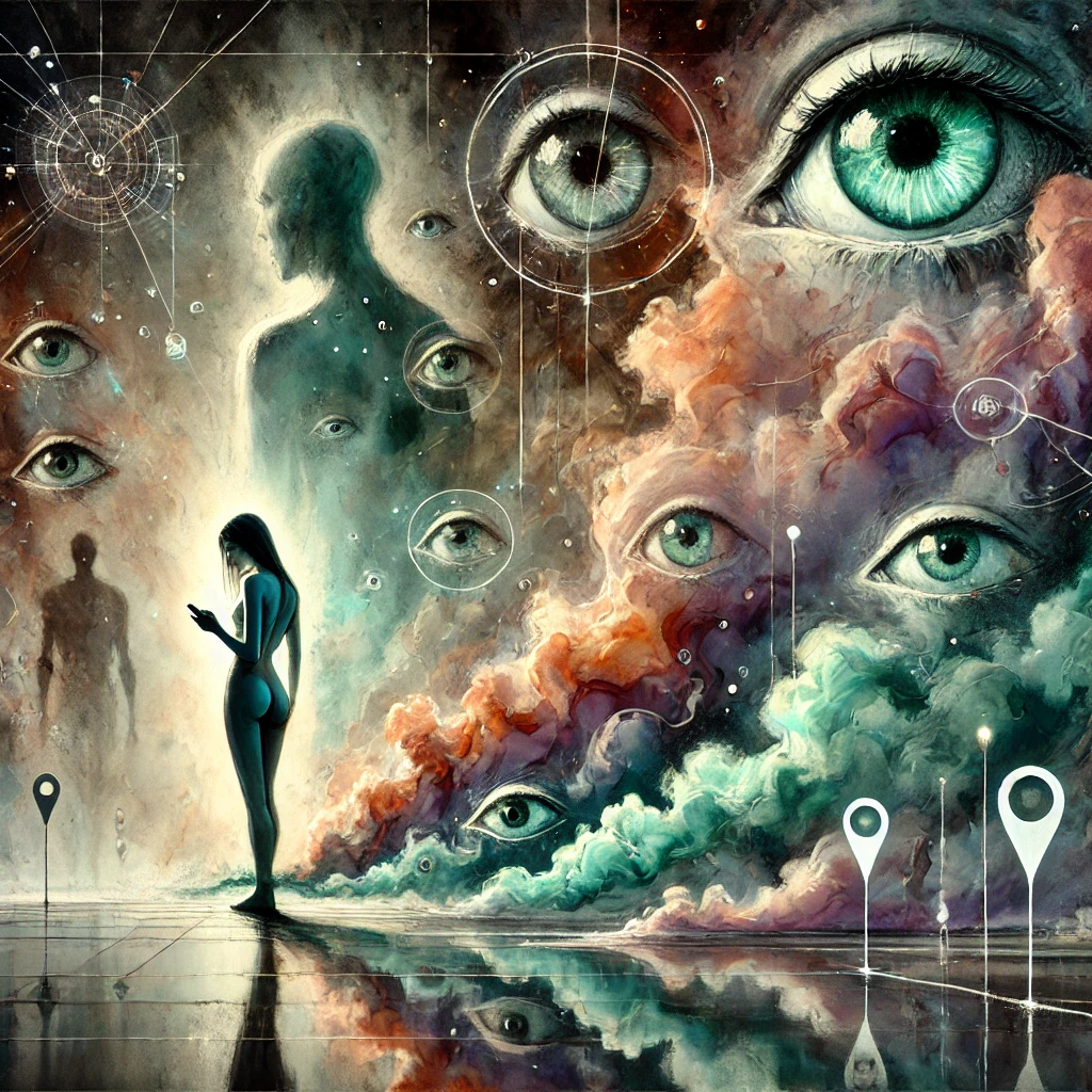 Illustration surréaliste d’une femme sous surveillance constante, entourée d’yeux fantomatiques et de signaux numériques, représentant le contrôle oppressant et l’obsession du suivi dans une relation toxique.