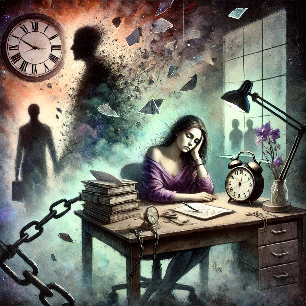 Illustration surréaliste représentant une femme assise à un bureau, entourée de papiers flous illustrant sa perte de concentration. Un miroir fissuré reflète une image fragmentée d’elle-même, tandis qu’une horloge brisée symbolise le temps perdu. En arrière-plan, un homme dans l’ombre s’efface dans la brume, illustrant la distance émotionnelle imposée par le traitement silencieux.