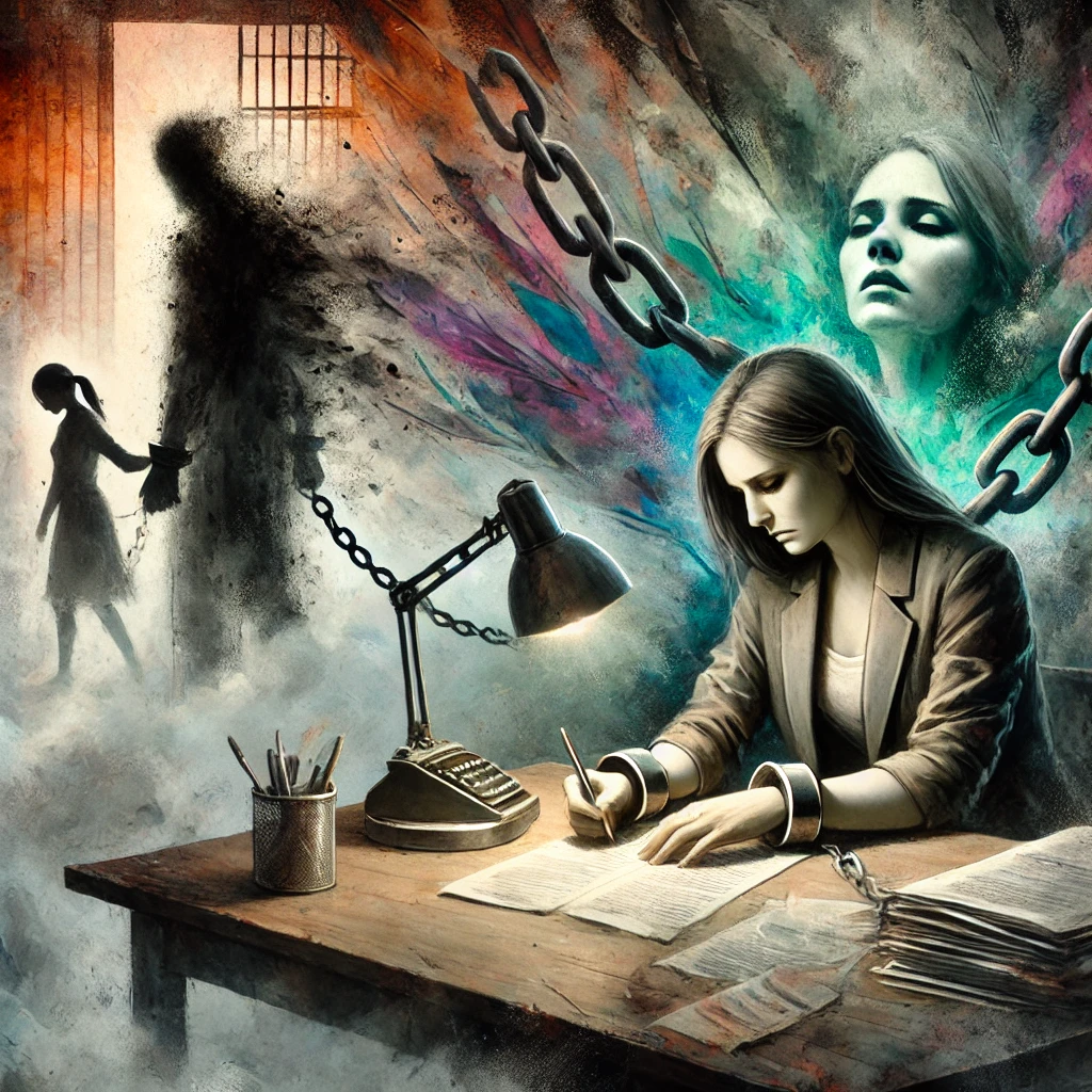 Illustration surréaliste représentant une femme en détresse assise à un bureau, entourée de documents flous symbolisant la perte de concentration due au traitement silencieux. En arrière-plan, un homme manipulateur se tient dans l’ombre, tandis qu’une scène familiale fragmentée avec des enfants tristes s’estompe dans la brume, illustrant l’impact du silence sur la vie professionnelle et familiale.