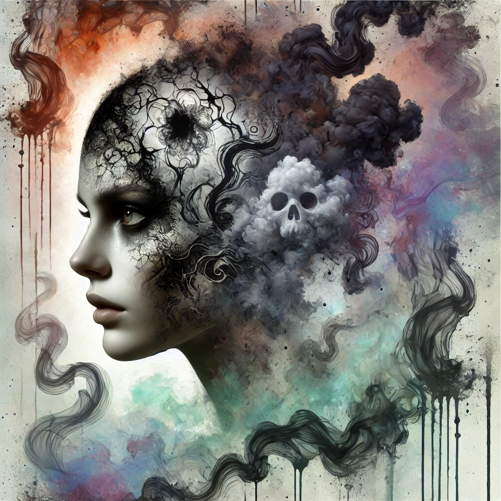 Aquarelle numérique surréaliste illustrant une femme dont l’esprit est envahi par des motifs sombres et des volutes d’encre s’infiltrant dans sa peau et son crâne, symbolisant la façon dont la manipulation s’incruste dans le mental.