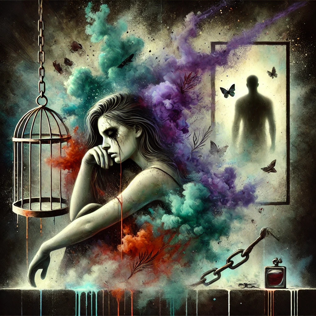 Illustration surréaliste représentant une femme en détresse enfermée dans une cage abstraite d’éclaboussures d’encre, tandis qu’un homme manipulateur dans l’ombre lui tourne le dos, symbolisant l’isolement provoqué par le traitement silencieux.