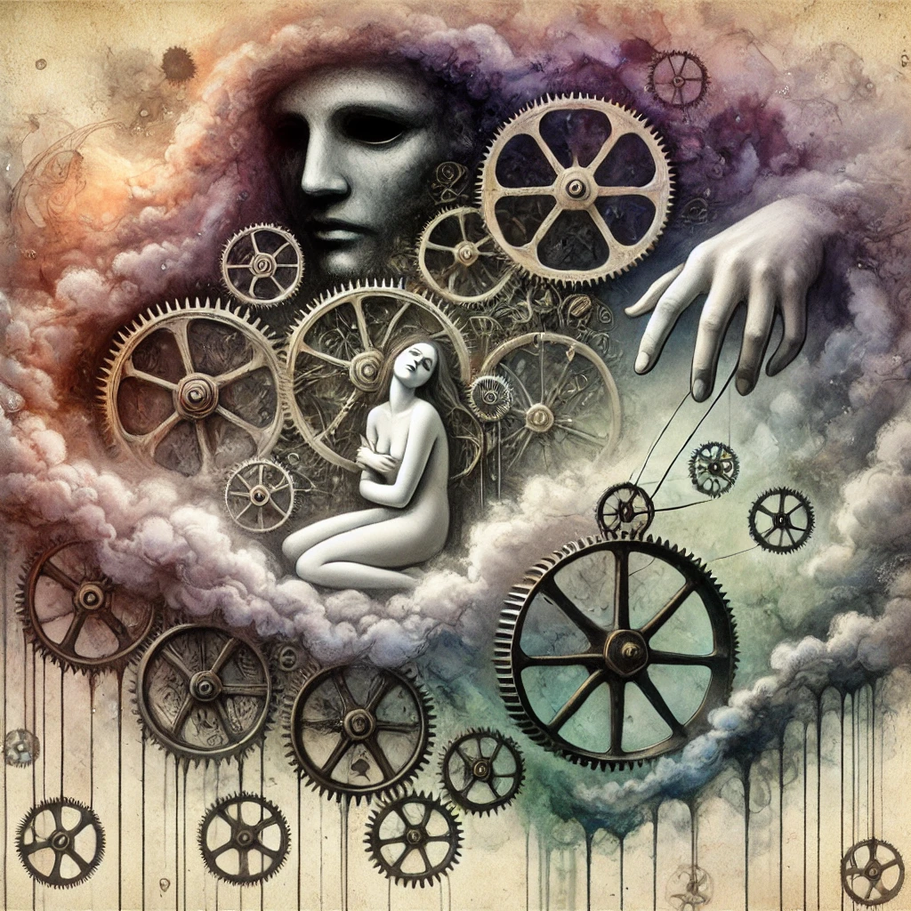 Illustration surréaliste représentant la manipulation déguisée en bienveillance sous forme d’un mécanisme complexe. Une femme est piégée dans des engrenages tandis qu’une main la contrôle subtilement.