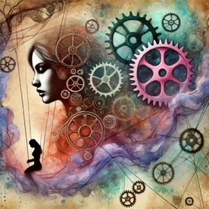 Illustration surréaliste en aquarelle numérique représentant une femme piégée dans un mécanisme invisible de culpabilisation. Des fils ou engrenages symbolisent le contrôle psychologique exercé par une silhouette masculine en arrière-plan.