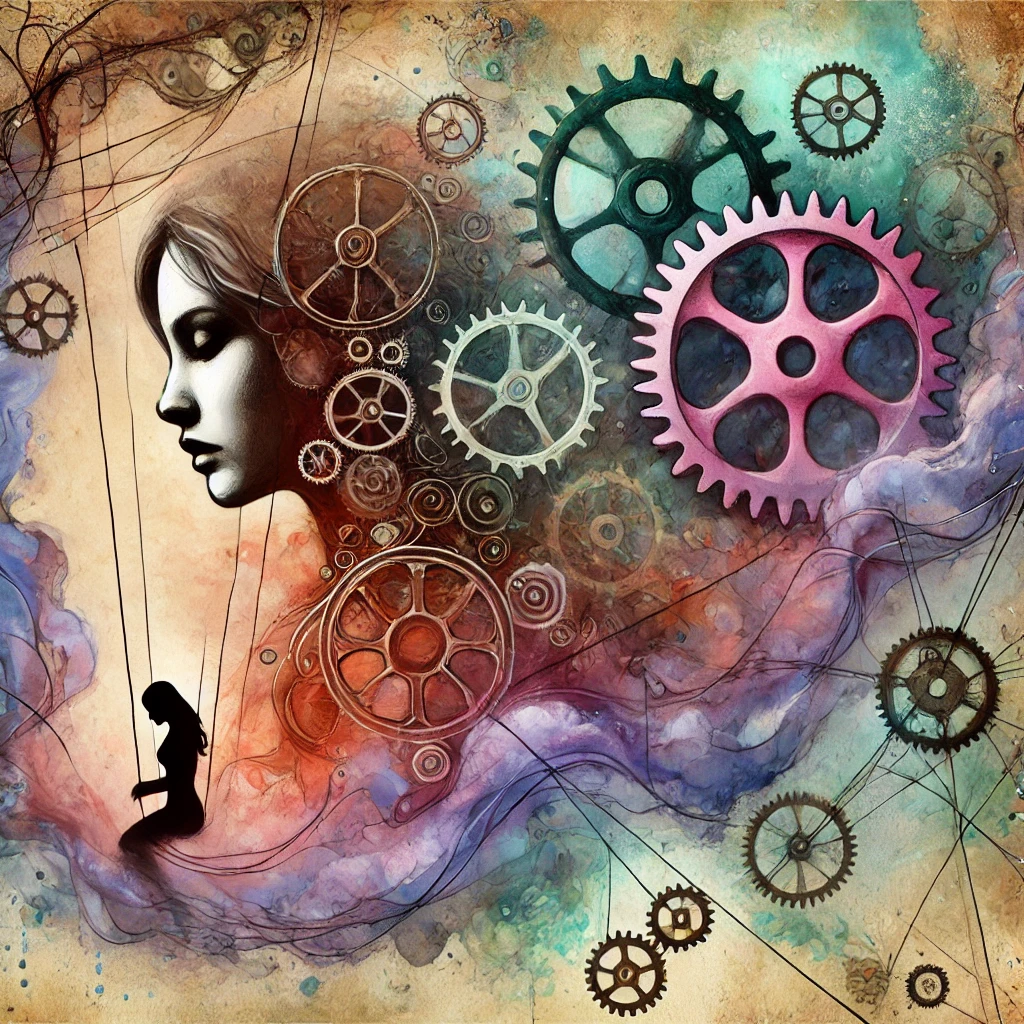Illustration surréaliste en aquarelle numérique représentant une femme piégée dans un mécanisme invisible de culpabilisation. Des fils ou engrenages symbolisent le contrôle psychologique exercé par une silhouette masculine en arrière-plan.