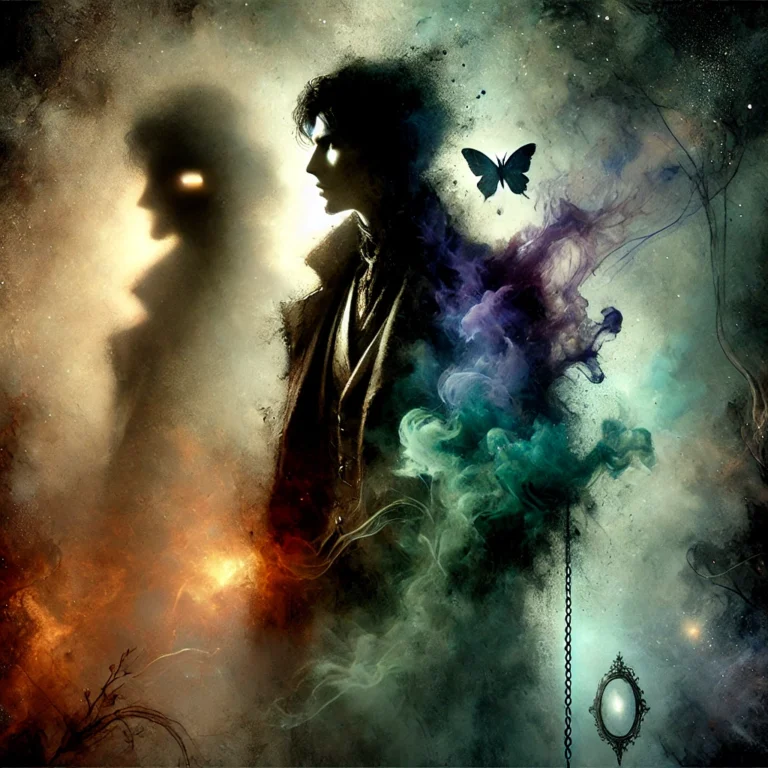 Illustration d’un homme mystérieux, sombre et insaisissable, semblant être une ombre ou un reflet dans un univers onirique et abstrait.