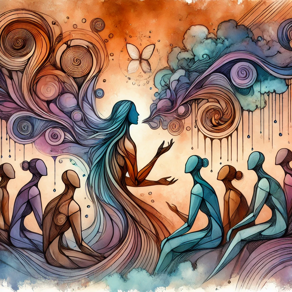 Illustration en aquarelle numérique représentant une femme partageant son expérience dans un espace de discussion ouvert et bienveillant. Des figures abstraites l’écoutent attentivement, symbolisant une communauté de soutien et d’échange sur les mécanismes de la culpabilisation.