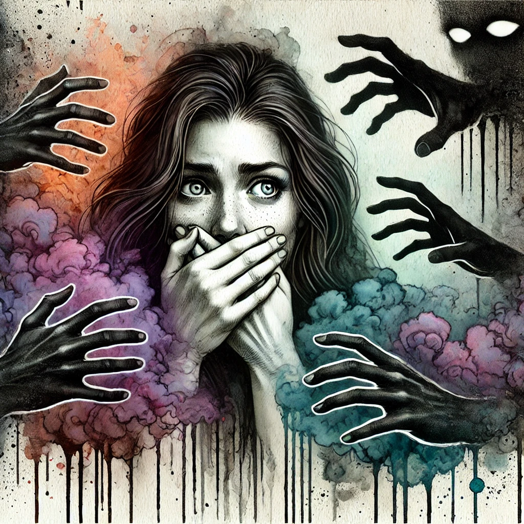 Aquarelle numérique surréaliste illustrant une femme se couvrant la bouche, hantée par des mains spectrales symbolisant la peur de parler dans une relation toxique.
