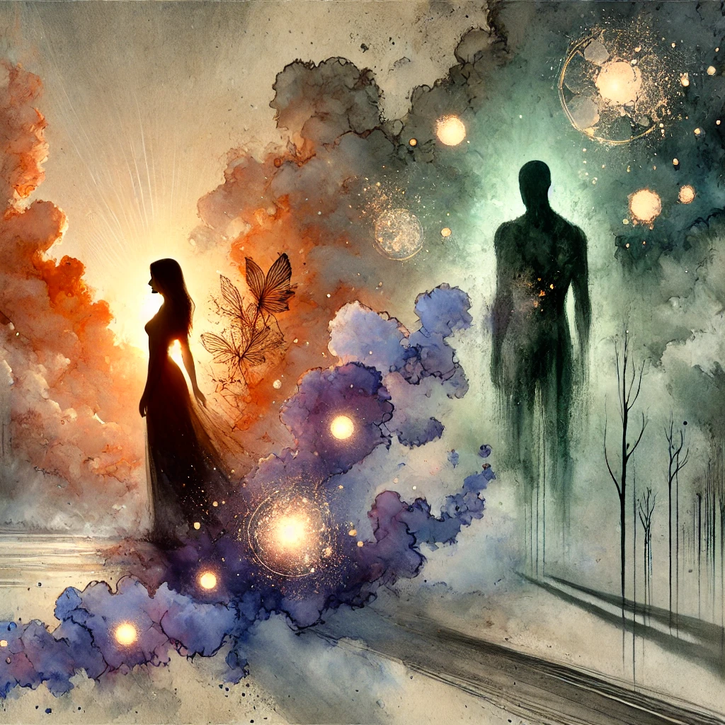 Aquarelle numérique surréaliste représentant une femme avançant vers la lumière, tandis qu’une silhouette sombre s’efface dans un décor brumeux. Des papillons et des éclats lumineux symbolisent la transformation et la liberté.