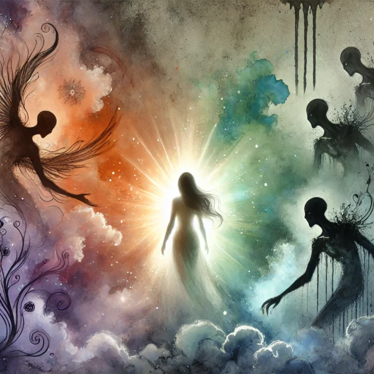 Illustration aquarelle numérique représentant une femme lumineuse protégeant sa lumière intérieure contre des ombres menaçantes, symbolisant une relation toxique.