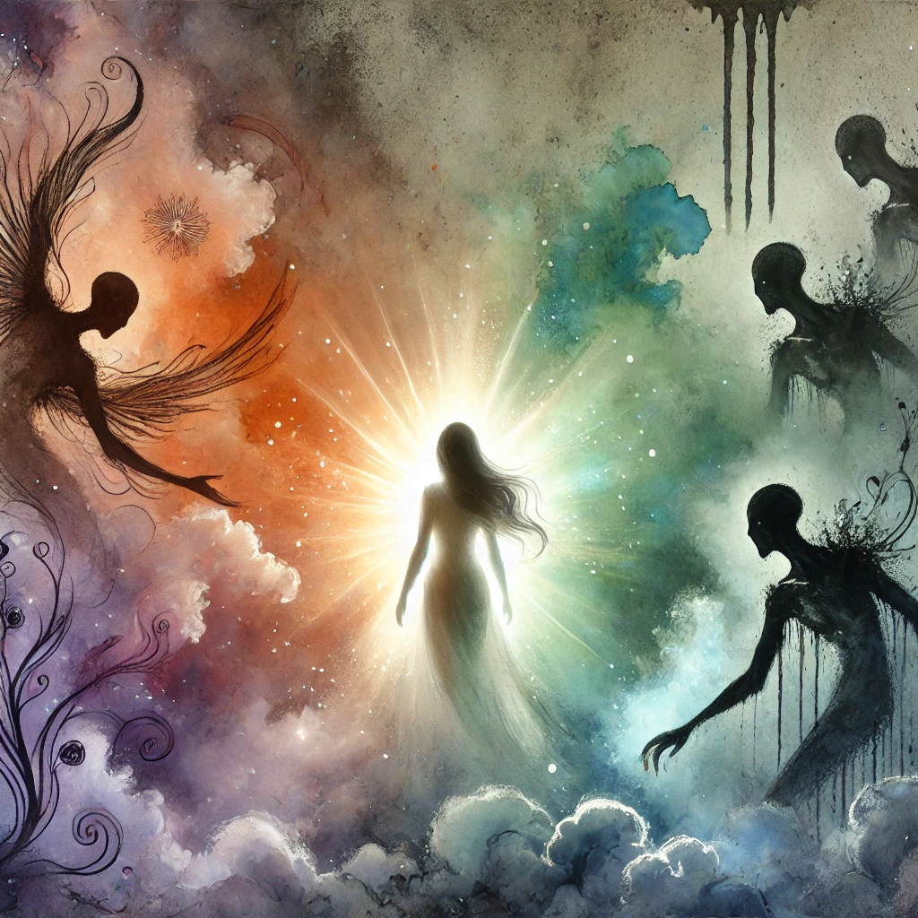 Illustration aquarelle numérique représentant une femme lumineuse protégeant sa lumière intérieure contre des ombres menaçantes, symbolisant une relation toxique.