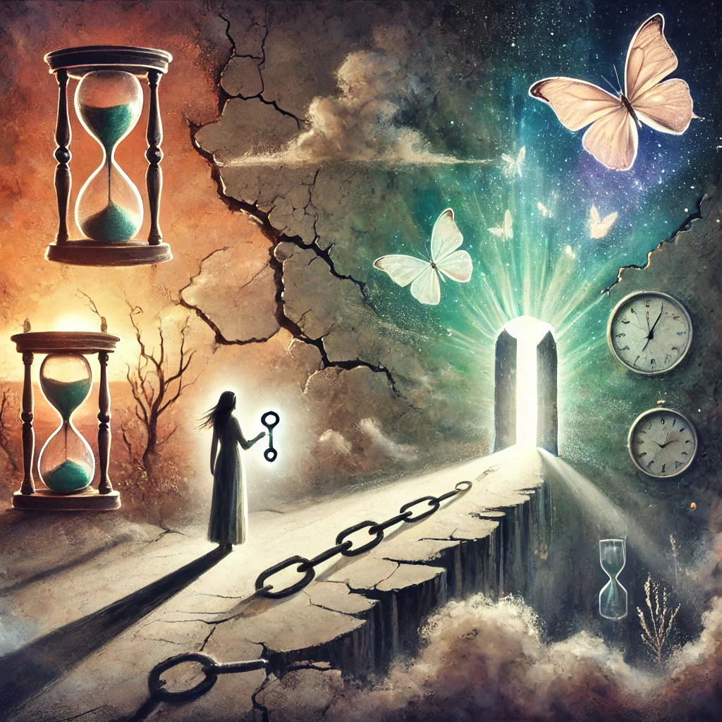 Illustration surréaliste en aquarelle numérique représentant une femme face à un mur fissuré, tenant une clé lumineuse, avec une porte radieuse apparaissant au loin, symbolisant la liberté et l’avenir.