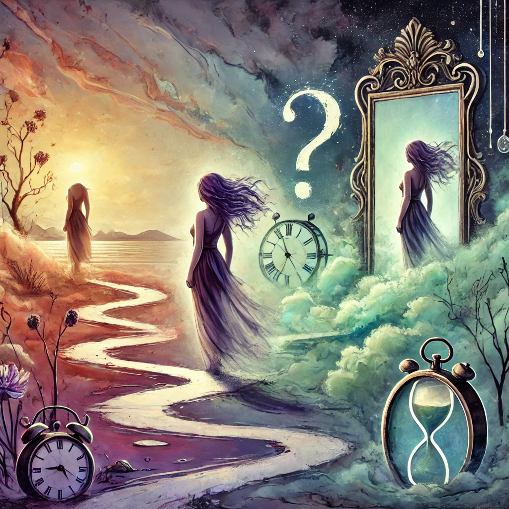 Illustration surréaliste en aquarelle numérique représentant une femme à un carrefour, réfléchissant à son avenir dans une relation incompatible, avec un miroir brisé reflétant ses doutes et son espoir.