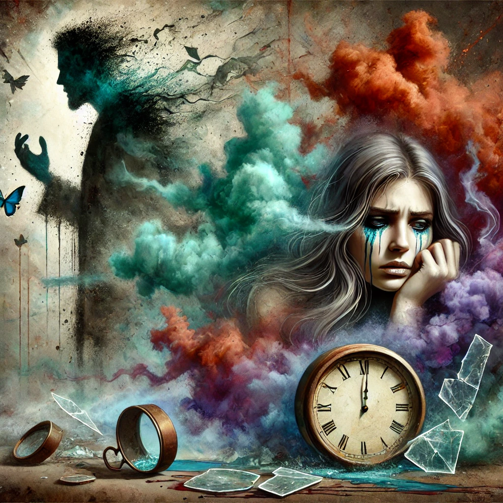 Illustration surréaliste représentant une femme en détresse, entourée d’éclaboussures d’encre et de brumes, tandis qu’un homme manipulateur se dissout dans l’ombre, symbolisant le traitement silencieux comme une arme de contrôle.