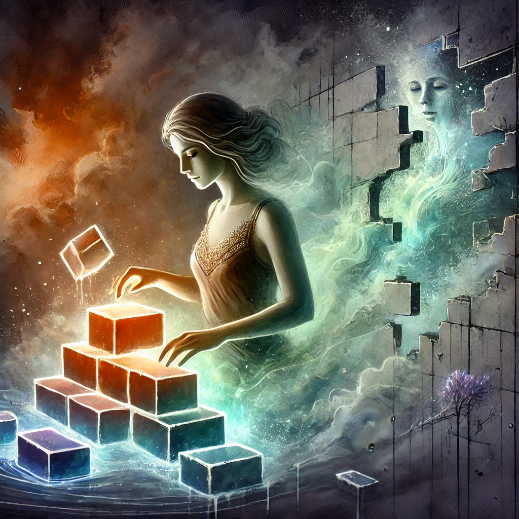 Illustration d’une femme reconstruisant sa confiance après une relation toxique, empilant des briques lumineuses, avec un mur brisé et dissipé en arrière-plan.