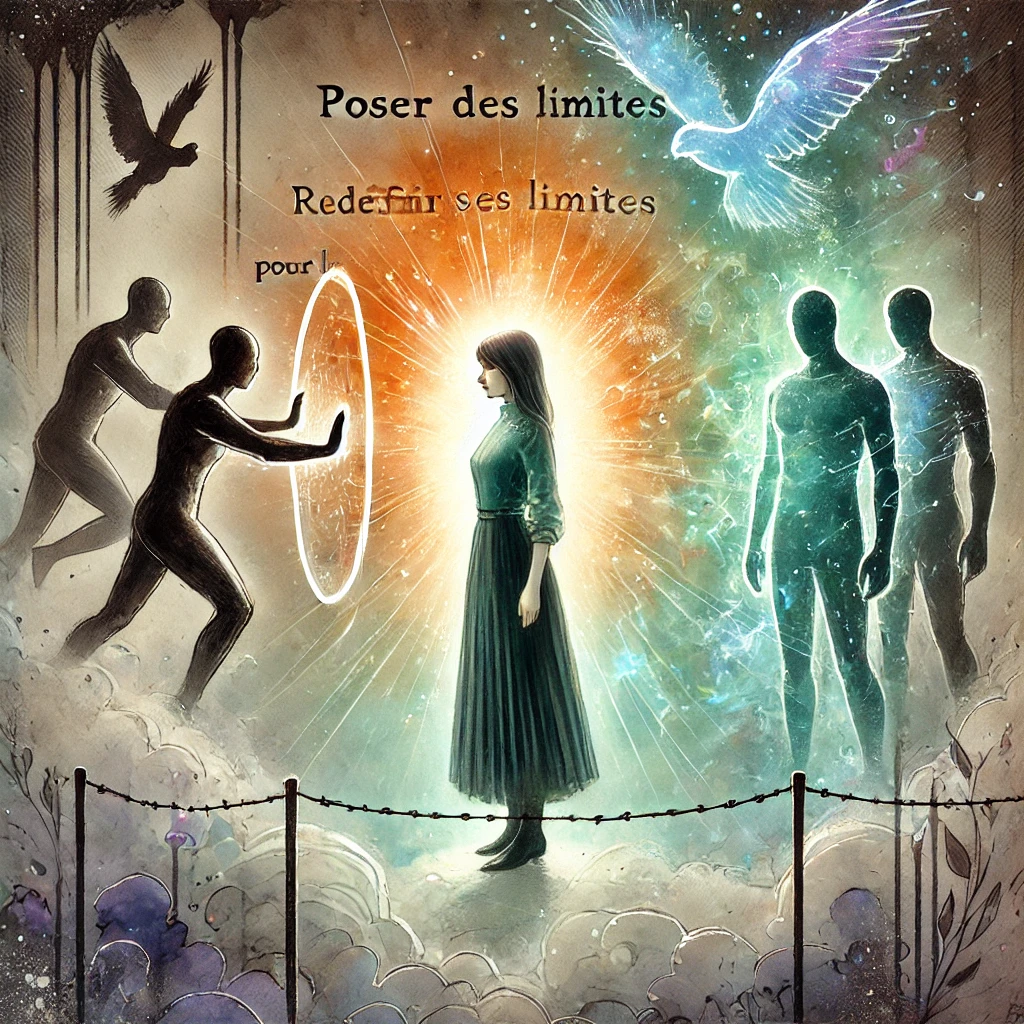 Illustration aquarelle numérique représentant une femme protégeant son espace personnel avec une barrière lumineuse, repoussant les ombres menaçantes d’une relation toxique.