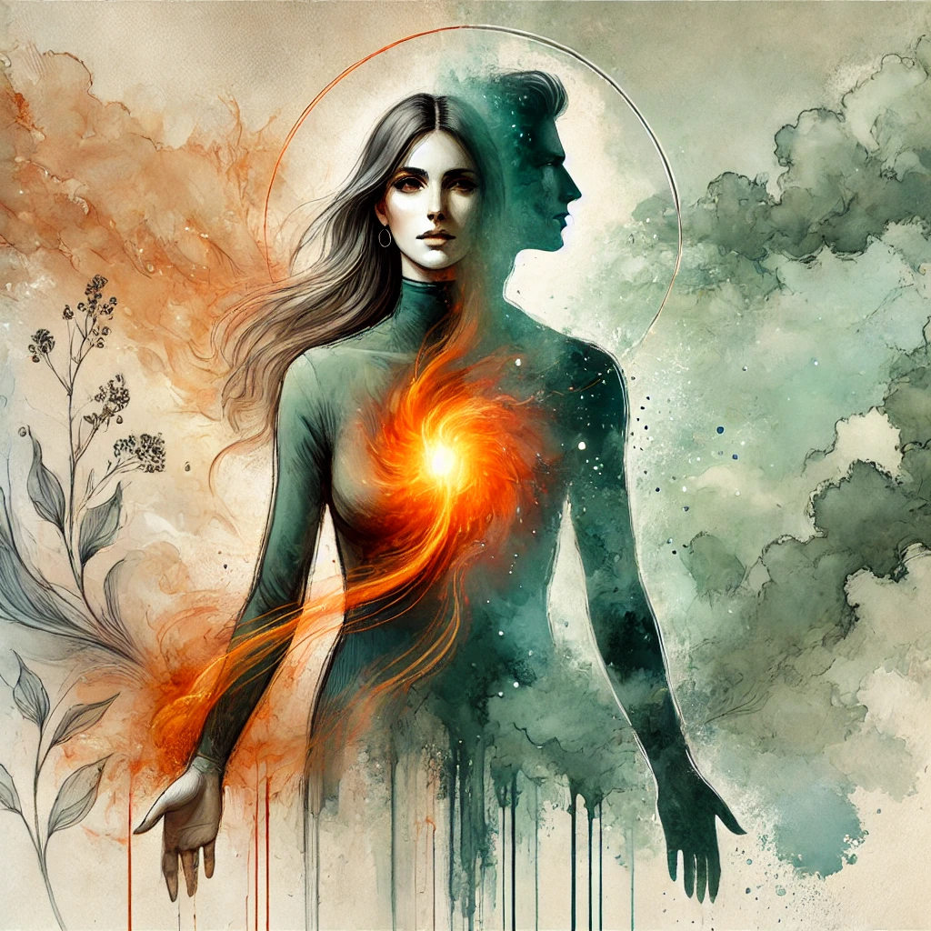 Illustration aquarelle représentant une femme debout, confiante, entourée d’une aura orange, symbolisant la reprise de son énergie et la mise en place de limites. Un homme en arrière-plan, autrefois dominant, apparaît désormais neutre, illustrant le rééquilibrage de la relation.