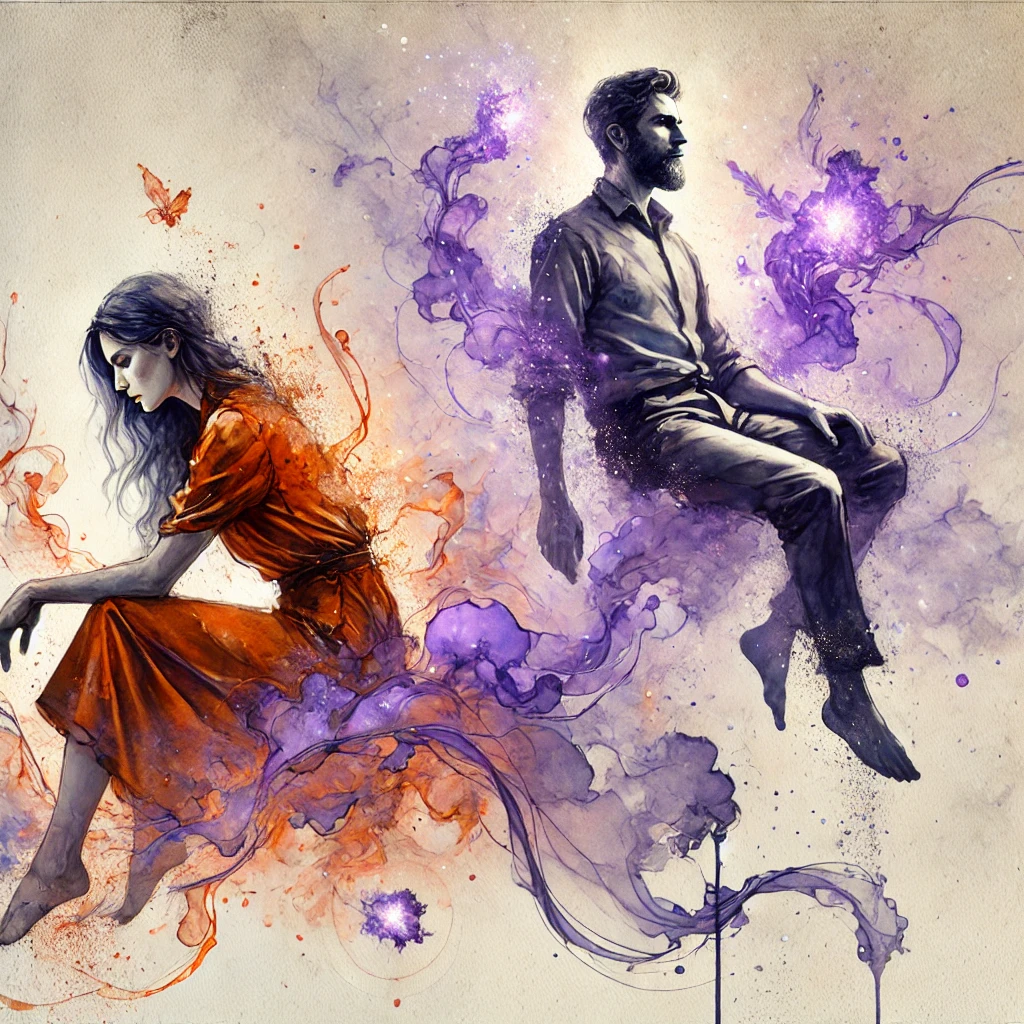 Illustration aquarelle d’une femme épuisée, assise en bas, avec son énergie orange s’échappant d’elle, tandis qu’un homme en hauteur, entouré de violet, absorbe sans effort. Une représentation visuelle d’une relation déséquilibrée.