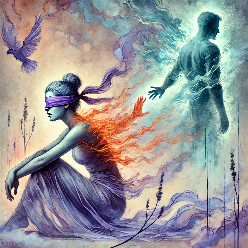 Illustration aquarelle d’une femme épuisée, les yeux bandés, laissant son énergie orange s’échapper alors qu’un homme distant, enveloppé de violet, absorbe sans donner en retour. Des barrières brisées autour d’elle symbolisent l’absence de limites.