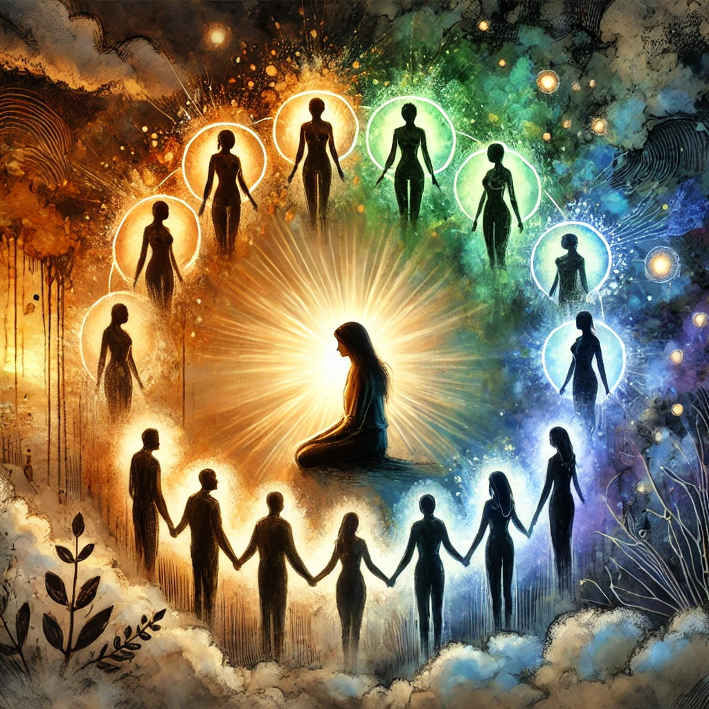 Illustration aquarelle numérique représentant une femme entourée d’un cercle lumineux de figures bienveillantes, illustrant la puissance du soutien collectif face à l’isolement d’une relation toxique.