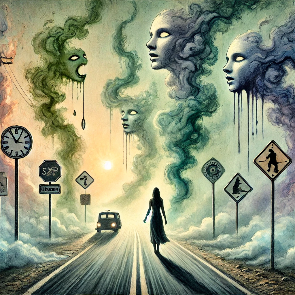 Illustration surréaliste représentant une femme marchant sur une route où apparaissent des signes cachés de manipulation déguisée en bienveillance.