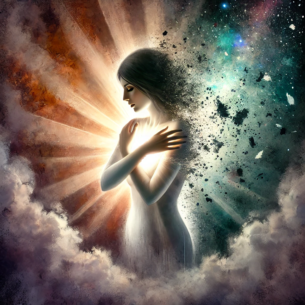 Illustration d’une femme s’enlaçant avec bienveillance, baignée d’une lumière douce, symbolisant le pardon et la libération après une relation toxique.