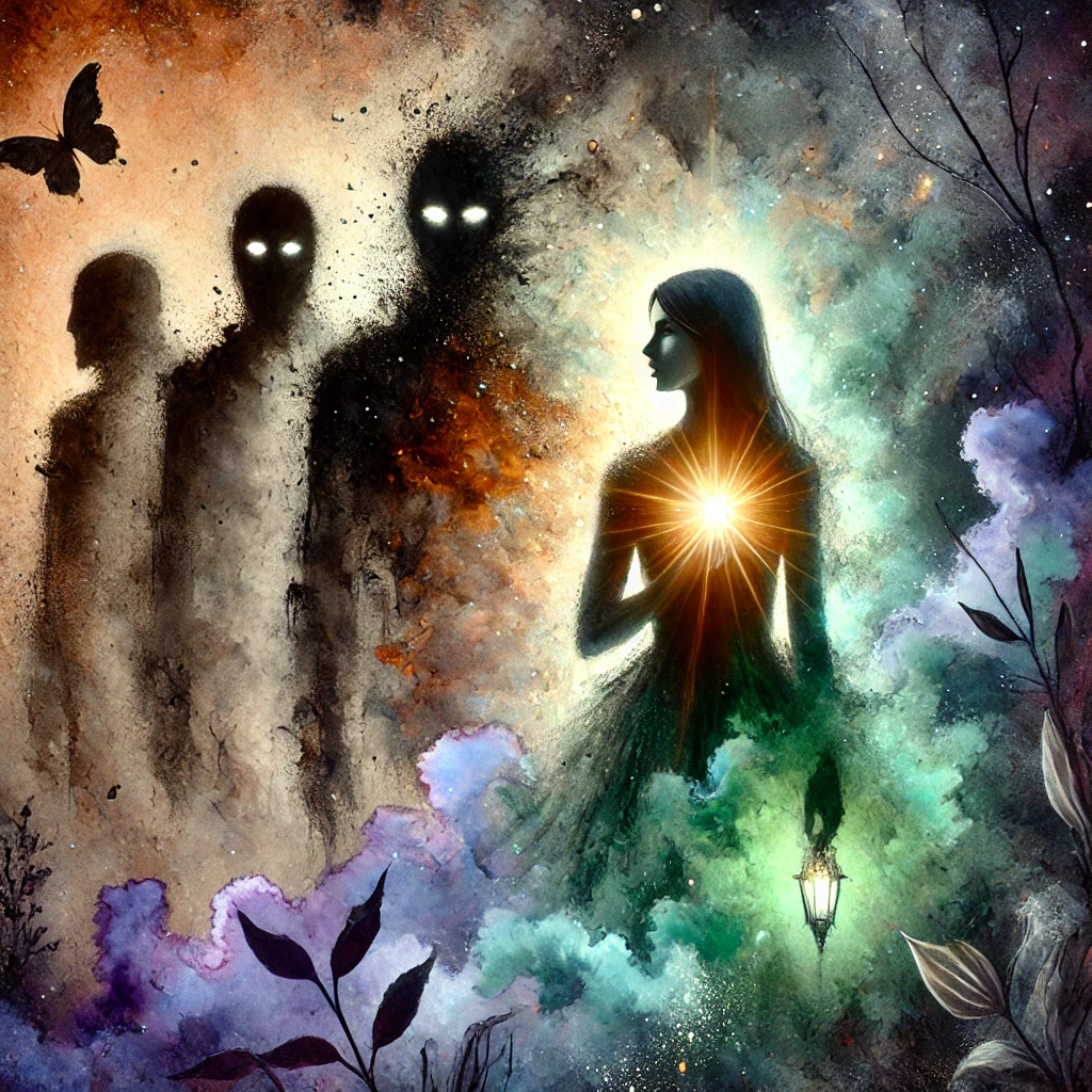 Illustration aquarelle numérique représentant une femme perdant progressivement sa lumière intérieure, entourée d’ombres sombres symbolisant une relation toxique.
