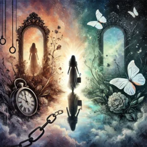Illustration surréaliste en aquarelle numérique représentant une femme à la croisée des chemins, quittant un monde sombre de regrets et de doutes pour avancer vers un avenir lumineux et libérateur.