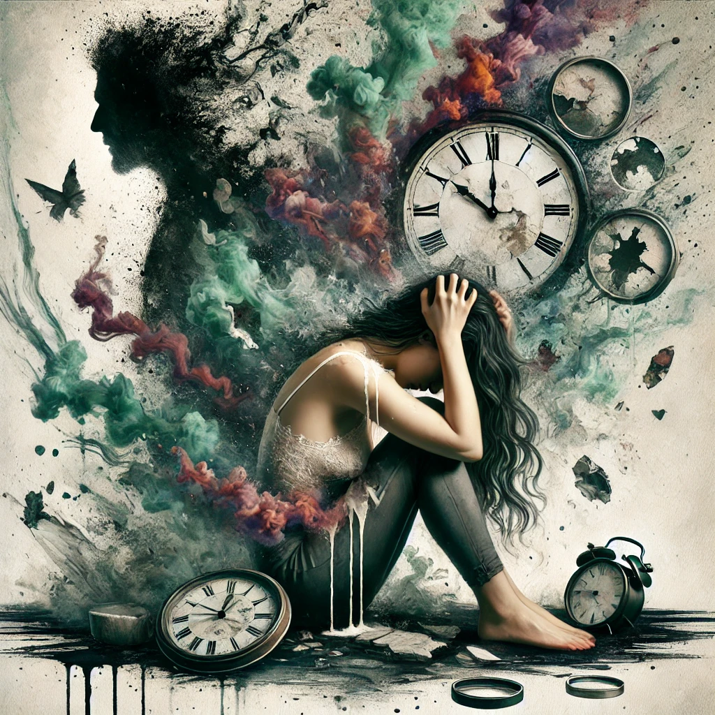 Illustration surréaliste représentant une femme en détresse, son corps se dissolvant en éclaboussures d’encre et de brume, tandis qu’un homme manipulateur s’efface dans l’ombre. Des morceaux d’horloge fracturés et un miroir brisé symbolisent la perte de repères et l’érosion de l’estime de soi causées par le traitement silencieux.