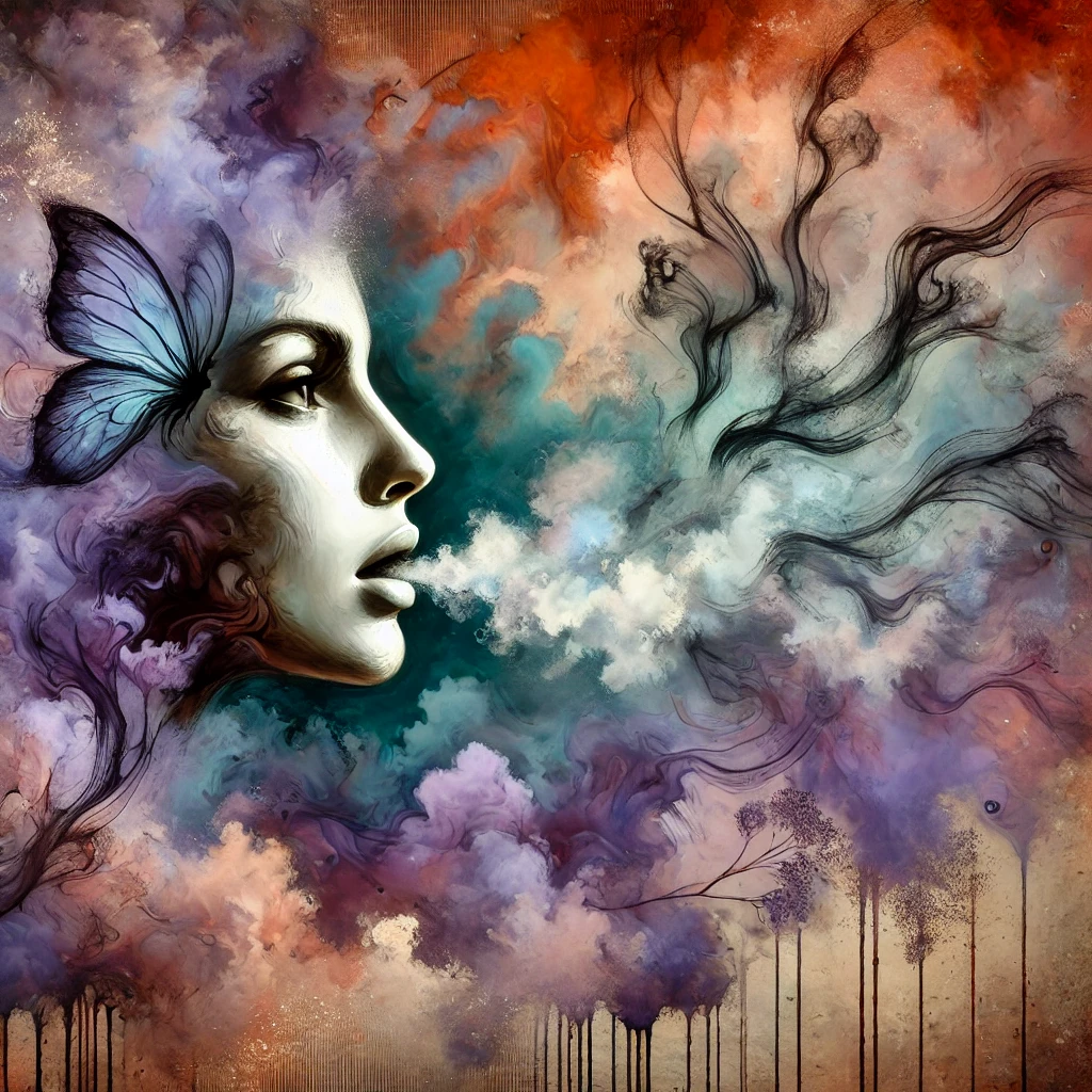 Illustration d’une femme exprimant son témoignage sur une relation toxique, avec des mots fragmentés qui se dissolvent dans un fond abstrait et onirique.