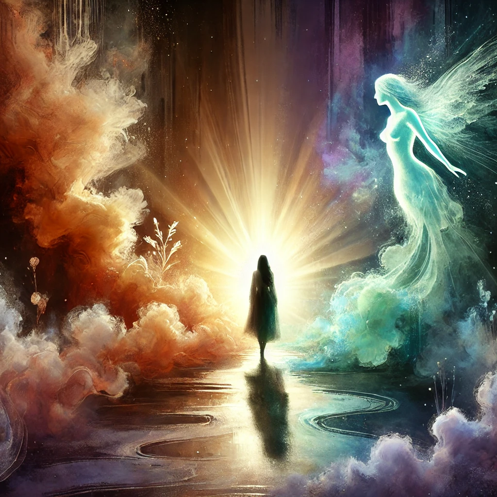 Illustration d’une femme avançant sur un chemin lumineux, baignée d’une lumière intérieure éclatante, symbolisant la résilience et la transformation après une relation toxique.