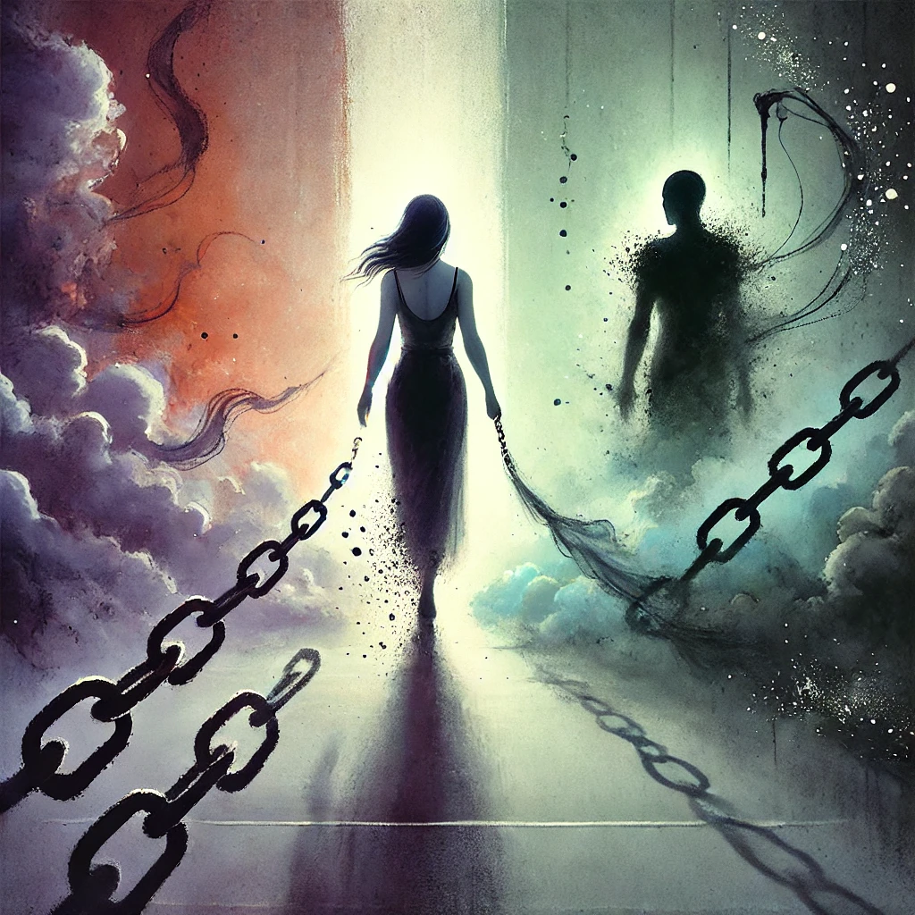 Aquarelle numérique surréaliste illustrant une femme marchant vers l’avant, laissant derrière elle un espace sombre où s’effacent des chaînes et une arme spectrale, symboles de la culpabilisation et du contrôle dans une relation toxique.