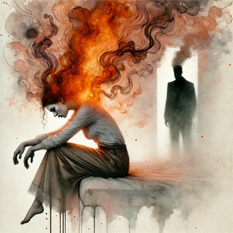 Illustration aquarelle surréaliste d’une femme épuisée assise sur un lit, la tête inclinée, avec une énergie orange s’échappant de ses cheveux. En arrière-plan, un homme sombre et distant dans un brouillard violet, symbolisant une relation toxique et déséquilibrée.