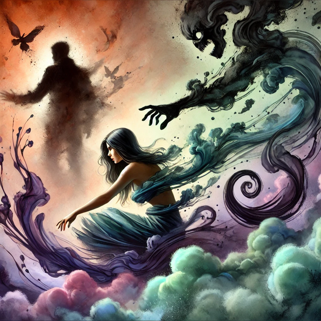 Illustration surréaliste d’une femme aspirée dans un vortex sombre symbolisant l’emprise d’une relation toxique. Son corps se dissout partiellement dans des ombres inquiétantes tandis qu’un homme menaçant se profile en arrière-plan.