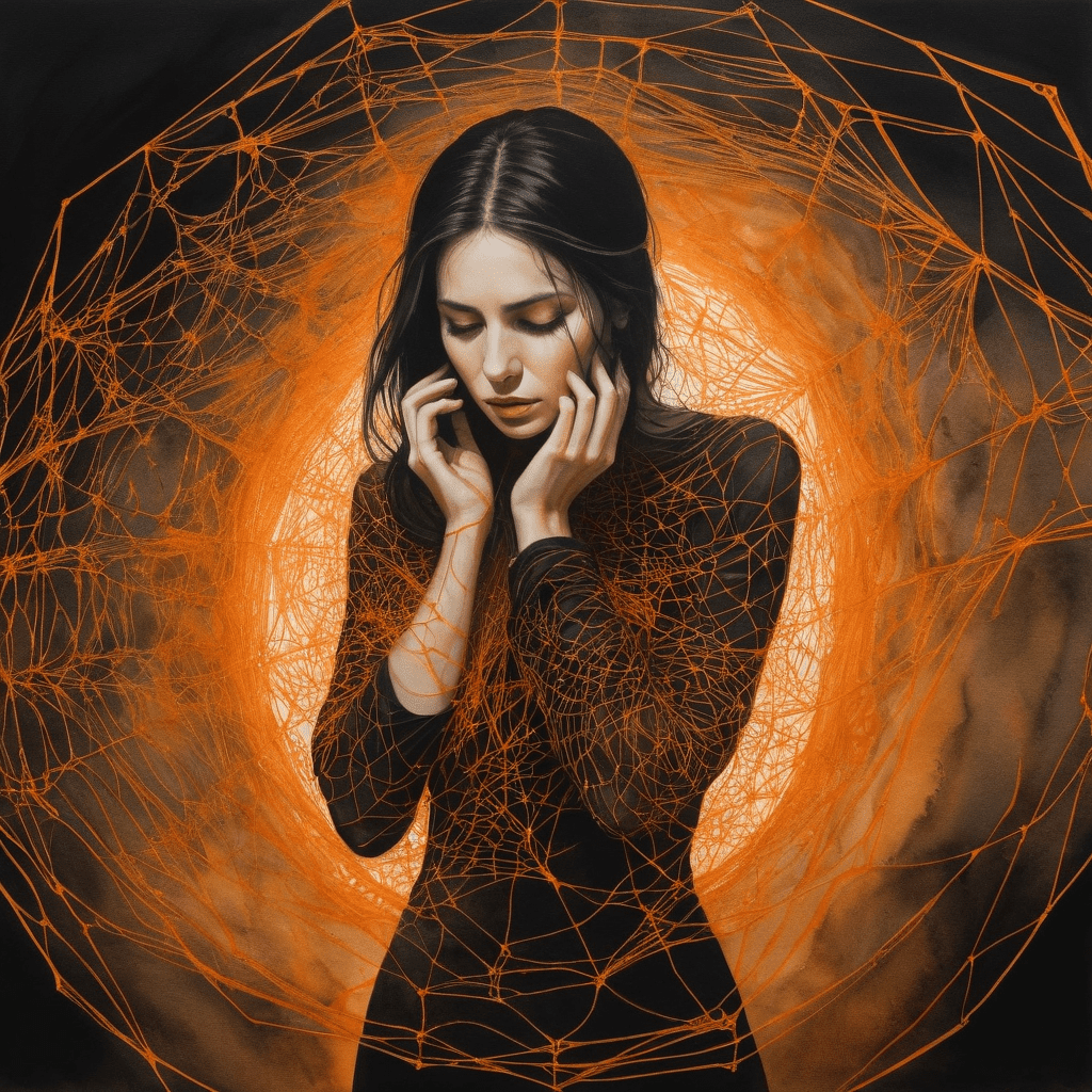 Illustration d’une femme enfermée dans une toile de fils orange lumineux, symbolisant le piège invisible du chantage émotionnel.