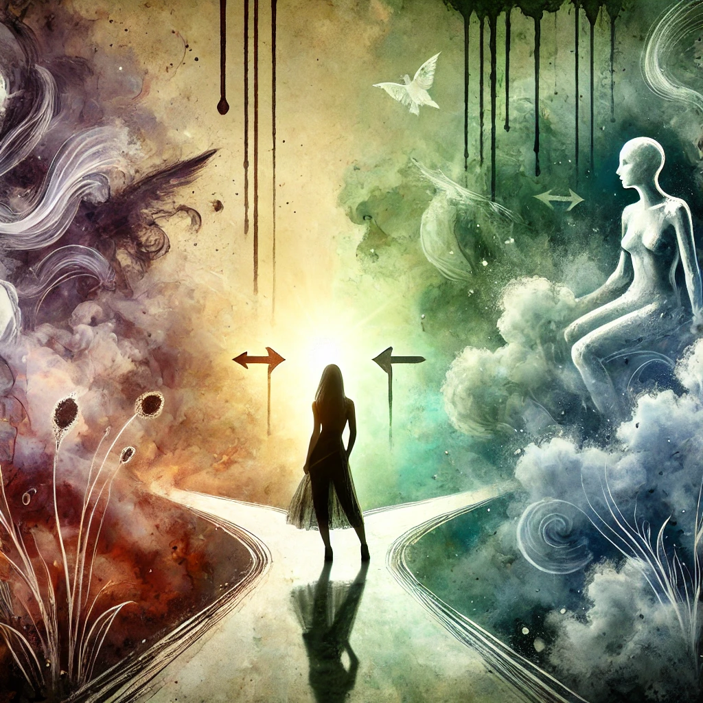 Illustration d’une femme à un carrefour, hésitant entre un chemin lumineux symbolisant l’évolution et un chemin sombre représentant la stagnation dans une relation toxique. Aquarelle numérique surréaliste.