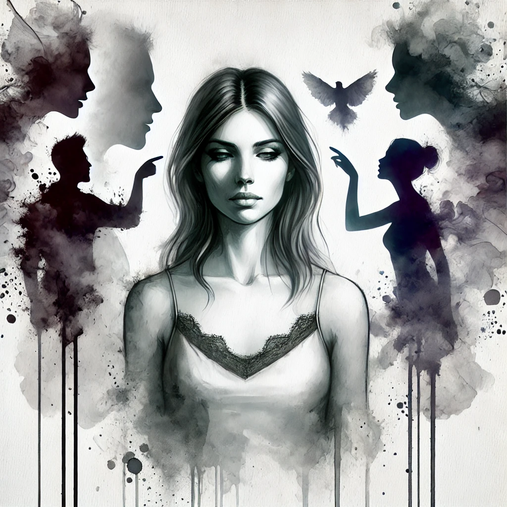 Illustration d’une femme calme et impassible face à des figures sombres tentant de provoquer une réaction. Aquarelle numérique surréaliste.
