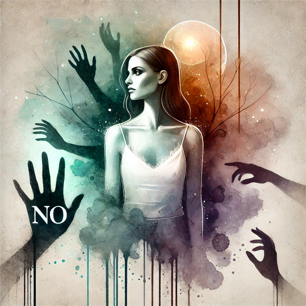 Illustration d’une femme affirmée, repoussant les influences extérieures en disant "NON" sans culpabilité. Aquarelle numérique surréaliste avec un contraste marqué entre ombre et lumière.