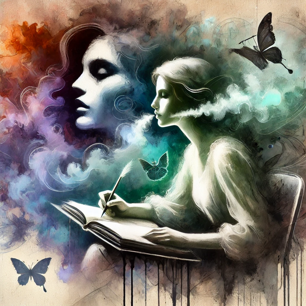Illustration d’une femme écrivant dans un journal, symbolisant la prise de conscience et le suivi des moments de culpabilisation. Aquarelle numérique surréaliste aux contrastes marqués.
