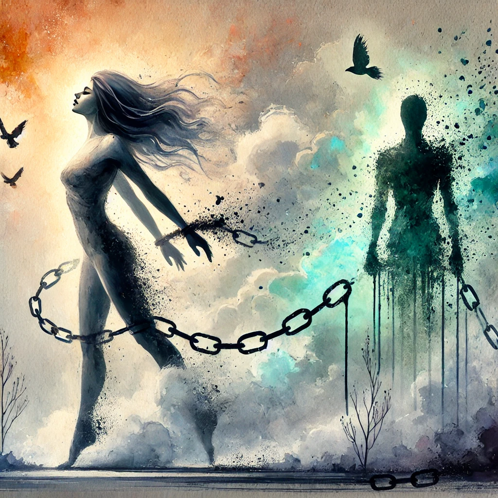 Illustration d’une femme se libérant d’entraves invisibles, symbolisant l’émancipation face à la culpabilisation et à la manipulation émotionnelle. Aquarelle numérique surréaliste avec un effet éthéré.