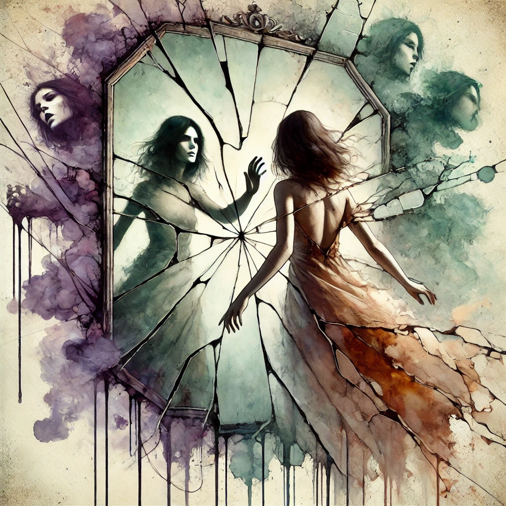 Illustration d’une femme face à un miroir brisé reflétant plusieurs versions d’elle-même, symbolisant la culpabilisation et l’auto-doute dans une relation toxique. Aquarelle numérique surréaliste.