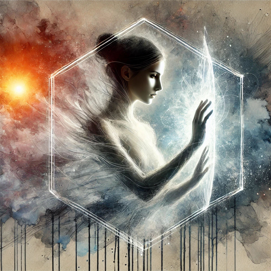 Illustration d’une femme construisant une barrière lumineuse autour d’elle, symbolisant la protection émotionnelle à long terme. Aquarelle numérique surréaliste.
