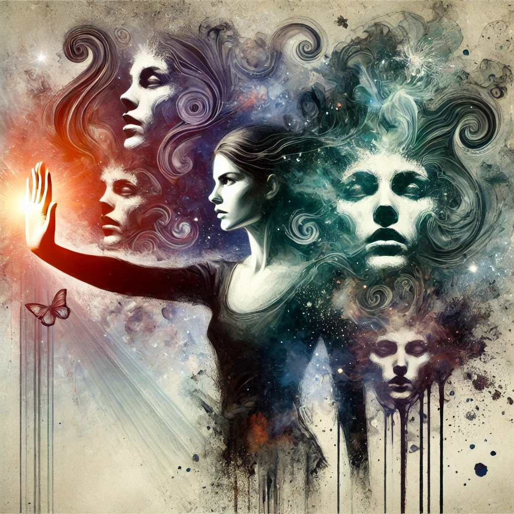 Illustration d’une femme levant la main en signe de résistance, symbolisant l’application de la technique STOP face à la manipulation. Aquarelle numérique surréaliste avec ombres tourbillonnantes.