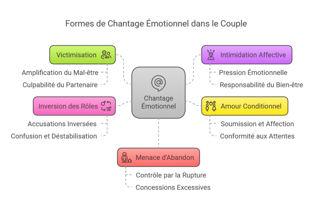 Infographie représentant les principales formes de chantage émotionnel dans le couple : victimisation, inversion des rôles, menace d’abandon, intimidation affective et amour conditionnel. Chaque type est illustré avec des mots-clés expliquant son impact sur la victime.