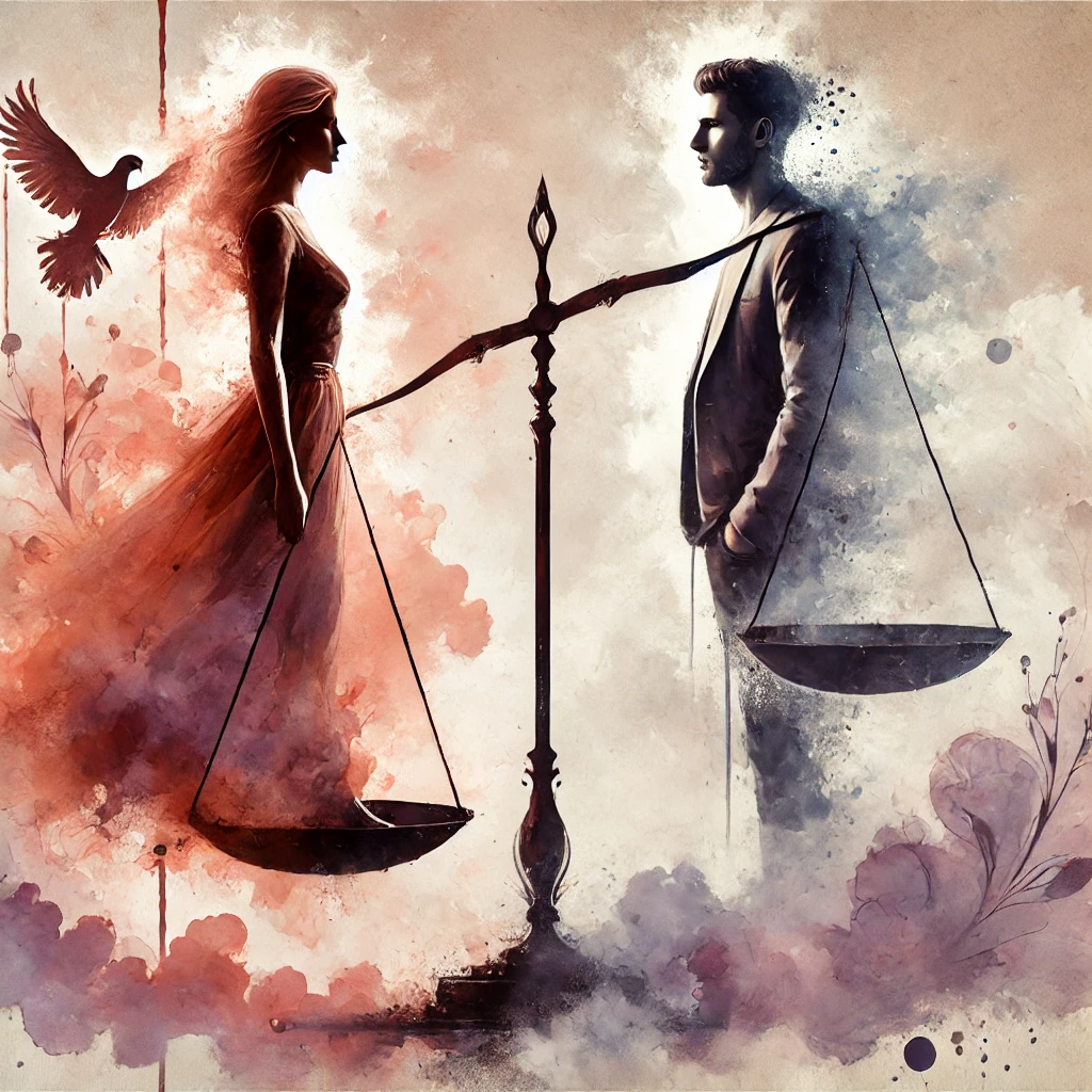 Illustration d’une femme seule sur une balance flottante, tandis qu’un homme se tient à distance, illustrant la difficulté de maintenir une relation équilibrée.